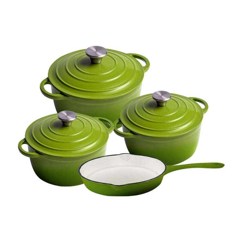 SMTE DH - 7 Piece Authentic Dutch Oven Cookware Cast Iron Pot Set - Forest Green with keychain