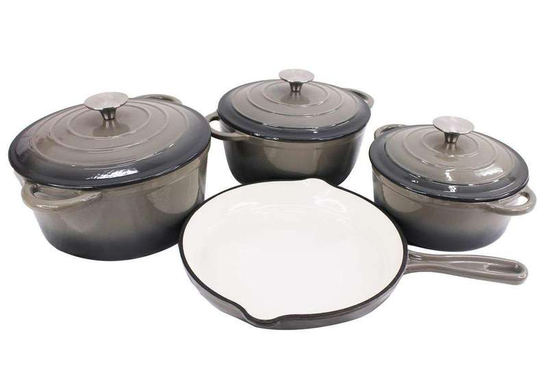 SMTE Delicate 7 Piece Cast Iron Dutch Oven Cookware Pot & Stout Pan Set Charcoal with keychain