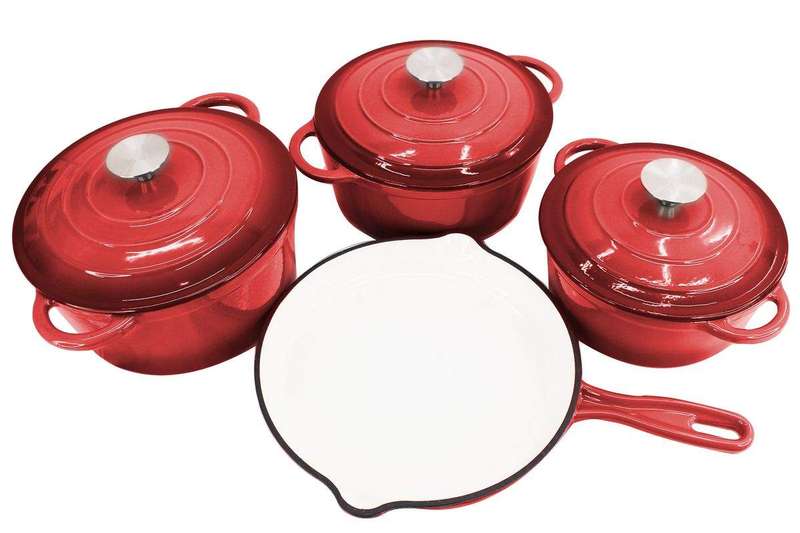 SMTE Delicate 7 Piece Cast Iron Dutch Oven Cookware Pot & Stout Pan Set - Red with keychain