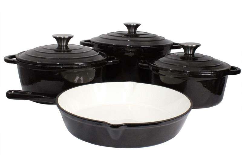 SMTE Delicate 7 Piece Cast Iron Dutch Oven Cookware Pot & Stout Pan Set - Black with keychain