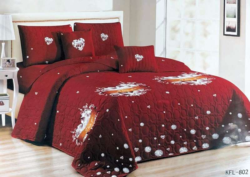 SMTE Bedspread Set Queen 5 Piece Microfiber Red Dimond Heart with keychain