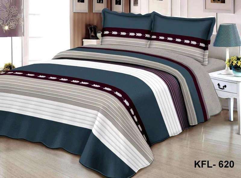 SMTE Bedspread Set Queen 5 Piece Microfiber Blue & Grey Line with keychain