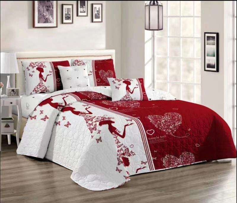 SMTE 5 Piece Quilt Set White & Red Bedspread Set with keychain
