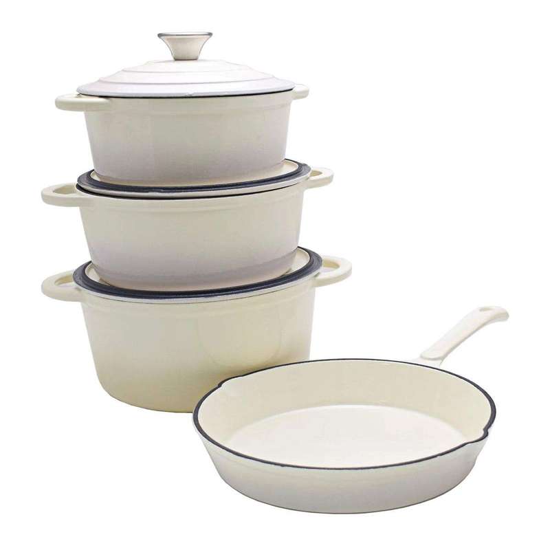 SMTE Delica 7 Piece Authentic Cast Iron Dutch Oven Cookware Pot Set - Ivory with keychain