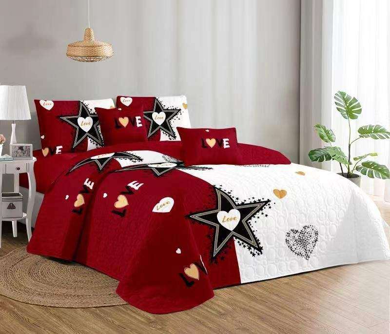 SMTE Bedspread Set Queen 5 Piece Microfiber Red with Black Star with keychain