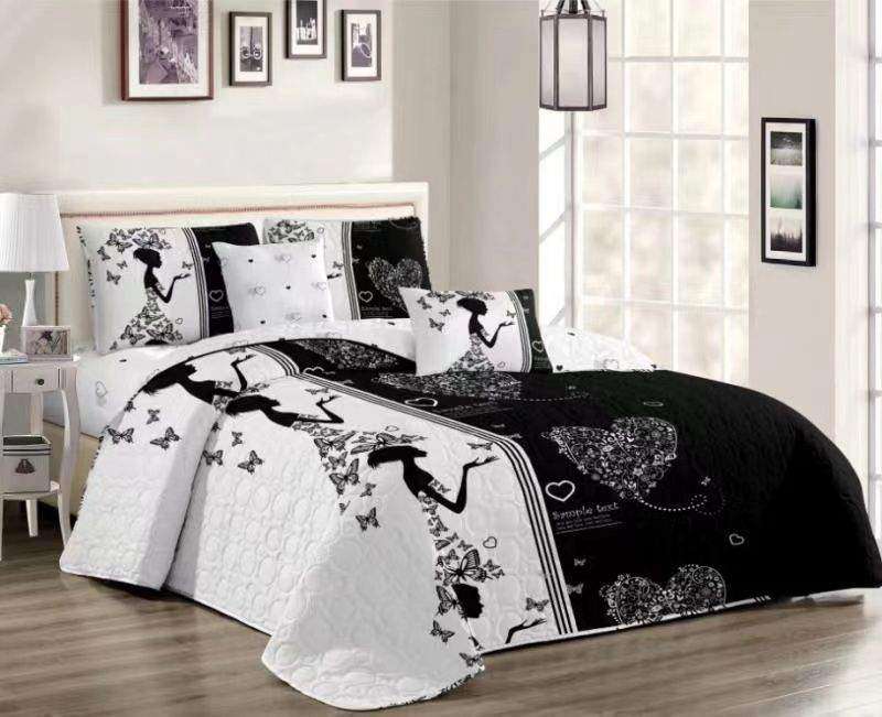 SMTE 5 Piece Quilt Set White & Black Bedspread Set with keychain