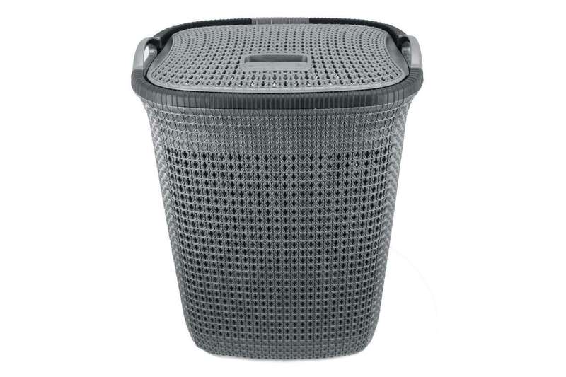 SMTE Two Tone PVC Mesh Weave Laundry Basket with Push-2-Lock Lid - Grey with keychain