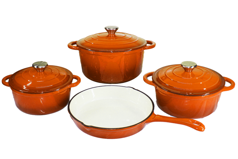 SMTE Orange Cast Iron Cookware Set 7 Piece with keychain