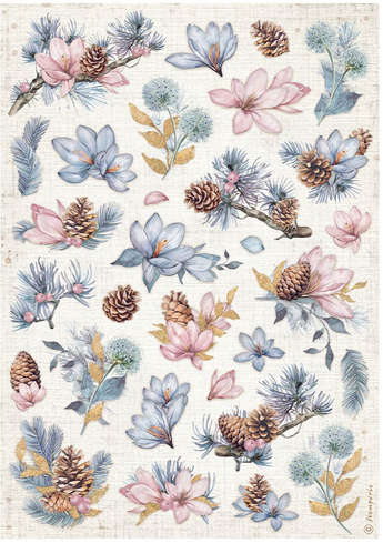 Stamperia Rice paper - Create Happiness Dewdrops pinecones and flowers