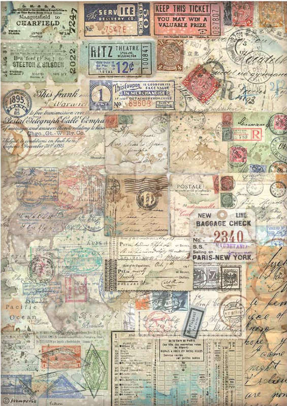 Stamperia Rice Paper - Art of Travelling tickets