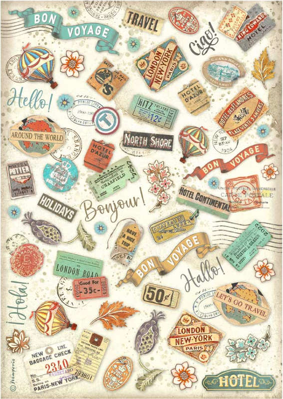 Stamperia Rice Paper - Art of Travelling labels