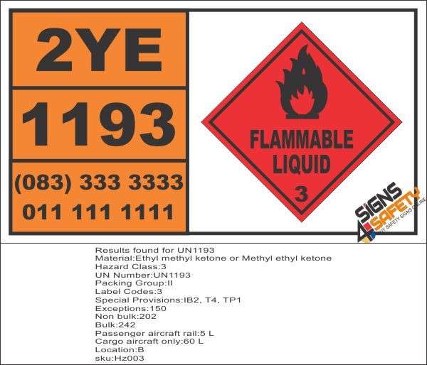 UN1193 Ethyl Methyl Ketone, Or Methyl Ethyl Ketone, Flammable Liquid (3), Hazchem Placard - Bakkie S