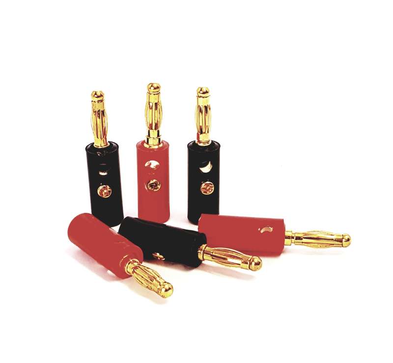 BANANA plugs in RED and BLACK (1 x set of 2pcs) plastic and GOLD metal finish