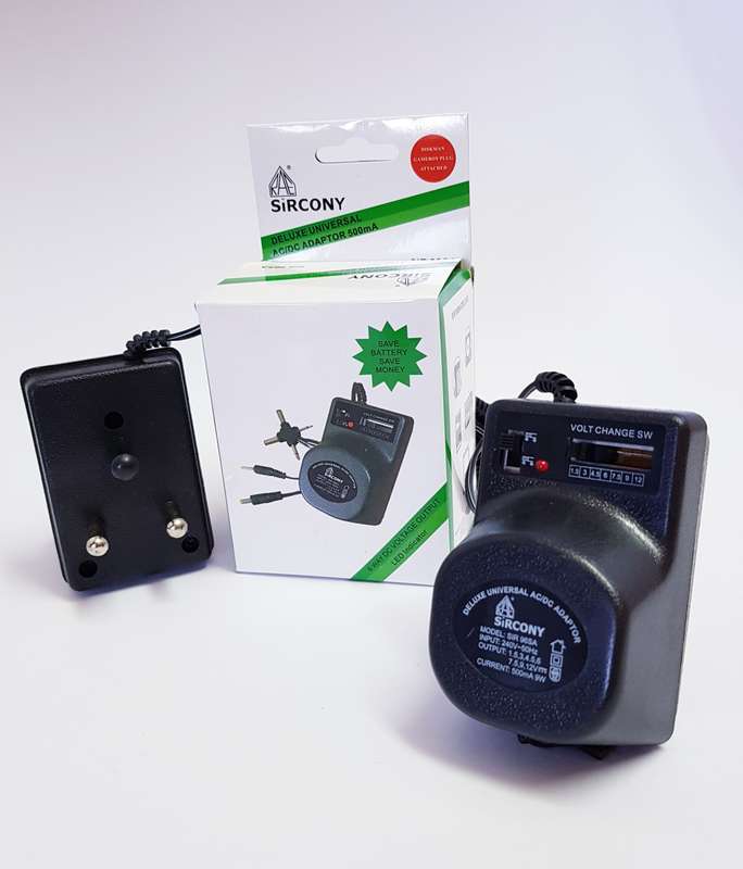 AC/DC adaptor power supply 500mA with variable output voltages 1.5V, 3V, 4.5V, 6V, 7.5V, 9V, 12V