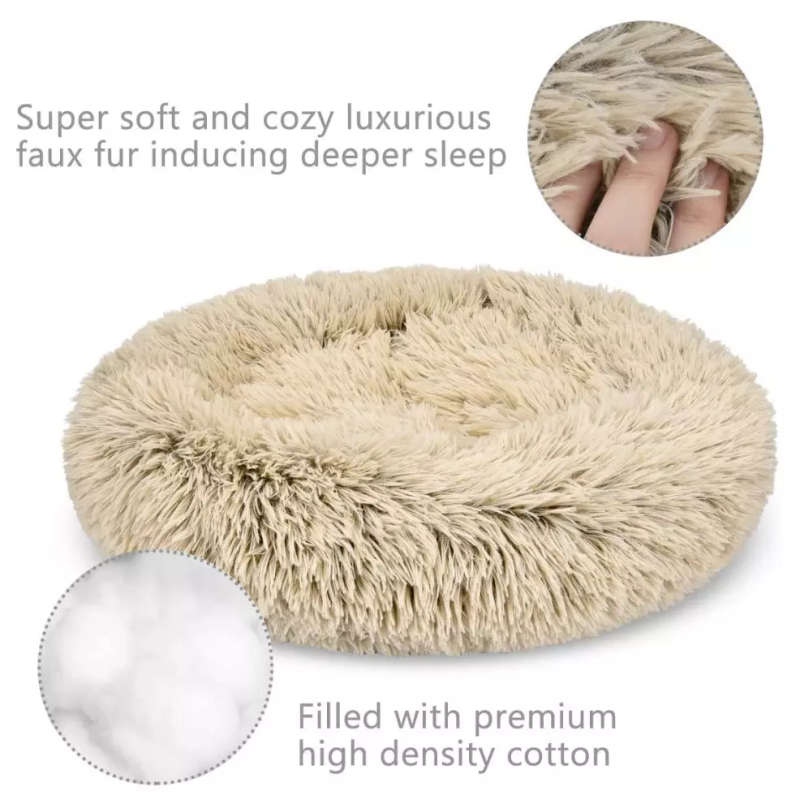 Pet Calming Bed for Dogs & Cats Fluffy Round Doughnut Cuddler - Light Brown - L