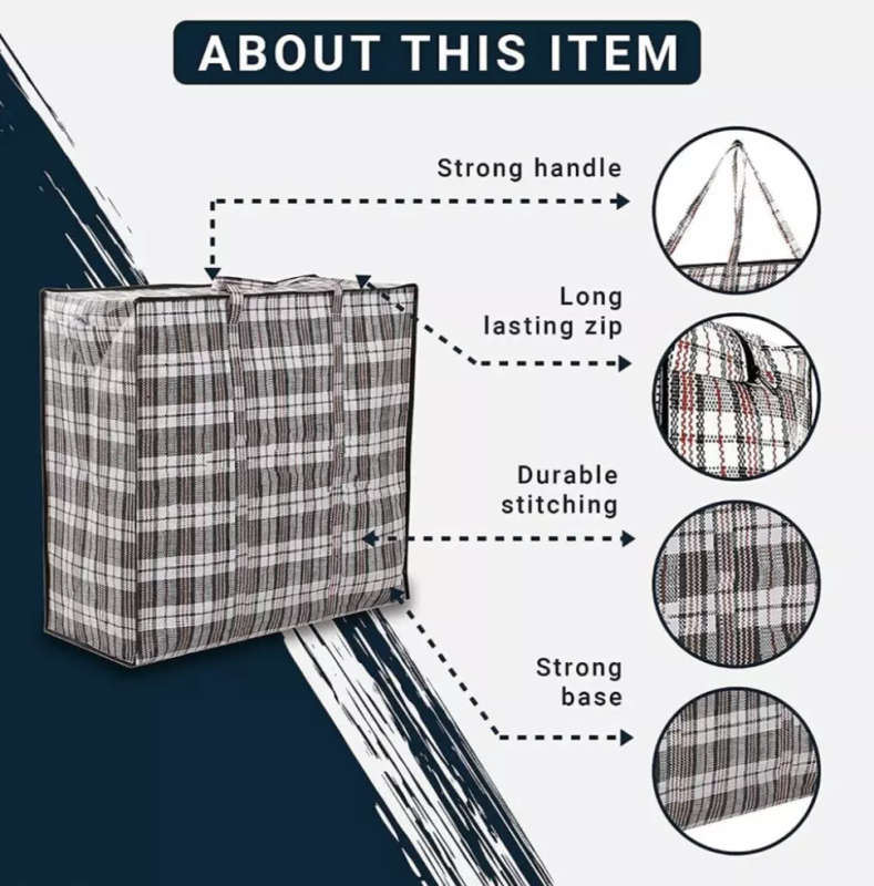 Plastic Checked Laundry Storage Shopping Bags with Zipper 80 x 35 x 60cm - 2XL - Black