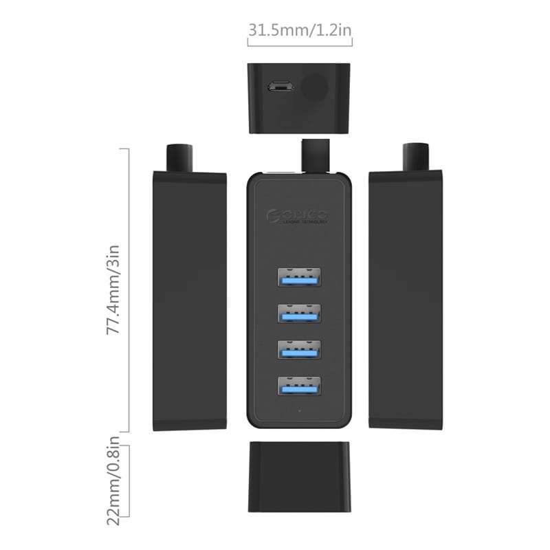 Orico 4 Port Usb3.0 Hub Black Micro Usb Power Adapter Not Included - Black