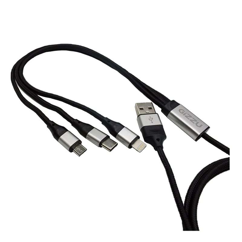 Gizzu 3In1 Usb To Micro Usb Type-C Lightning 1.2M Cable - Black