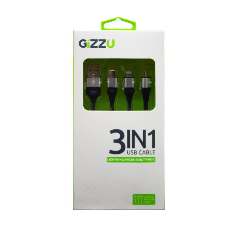 Gizzu 3In1 Usb To Micro Usb Type-C Lightning 1.2M Cable - Black