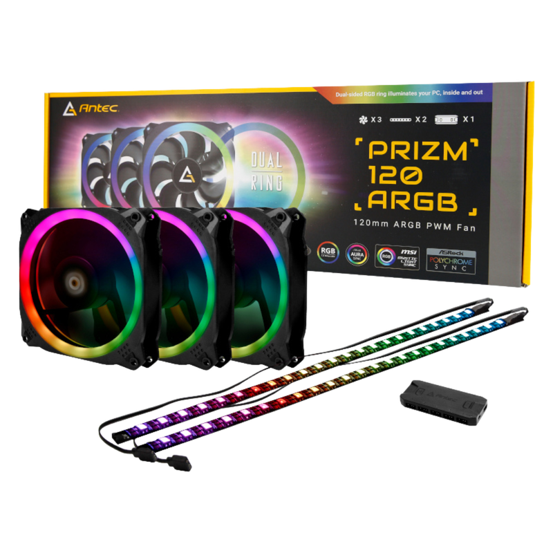 Antec PRIZM 120mm ARGB Case Fan 3 Pack with Controller & 2 LED Strips