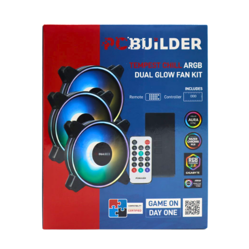 PCBuilder Tempest Chill Fan Kit 3x120mm Dual Glow ARGB Fan + Controller + RF Remote
