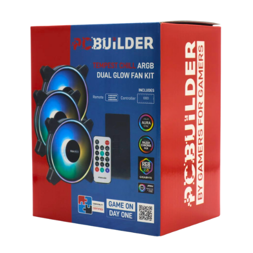 PCBuilder Tempest Chill Fan Kit 3x120mm Dual Glow ARGB Fan + Controller + RF Remote