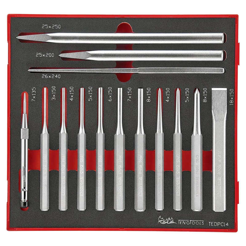 Teng Tools 14 Piece Parallel Pin Punch, Flat Cold Chisel and Centre Punch Foam Set - TEDPC14, Silver