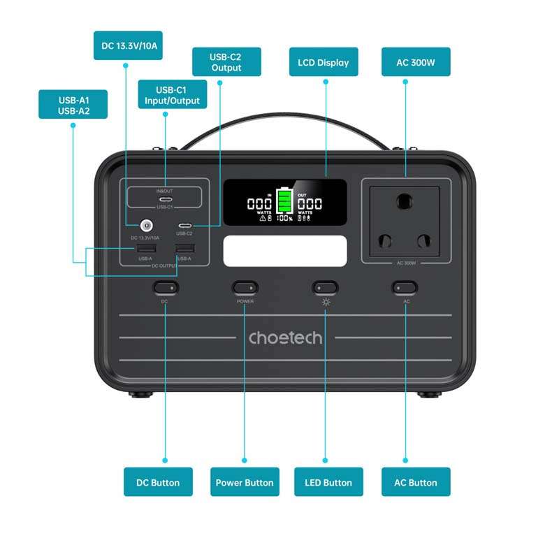 Choetech 300W/230Wh Portable Power Station - Black / Silver