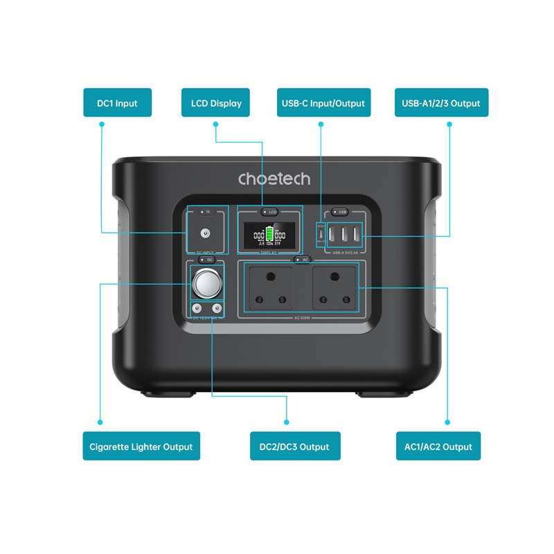 Choetech 600W/512Wh Portable Power Station - Black / Silver