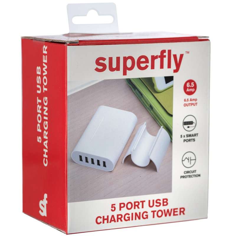 Superfly 5 Port USB charging Tower - White