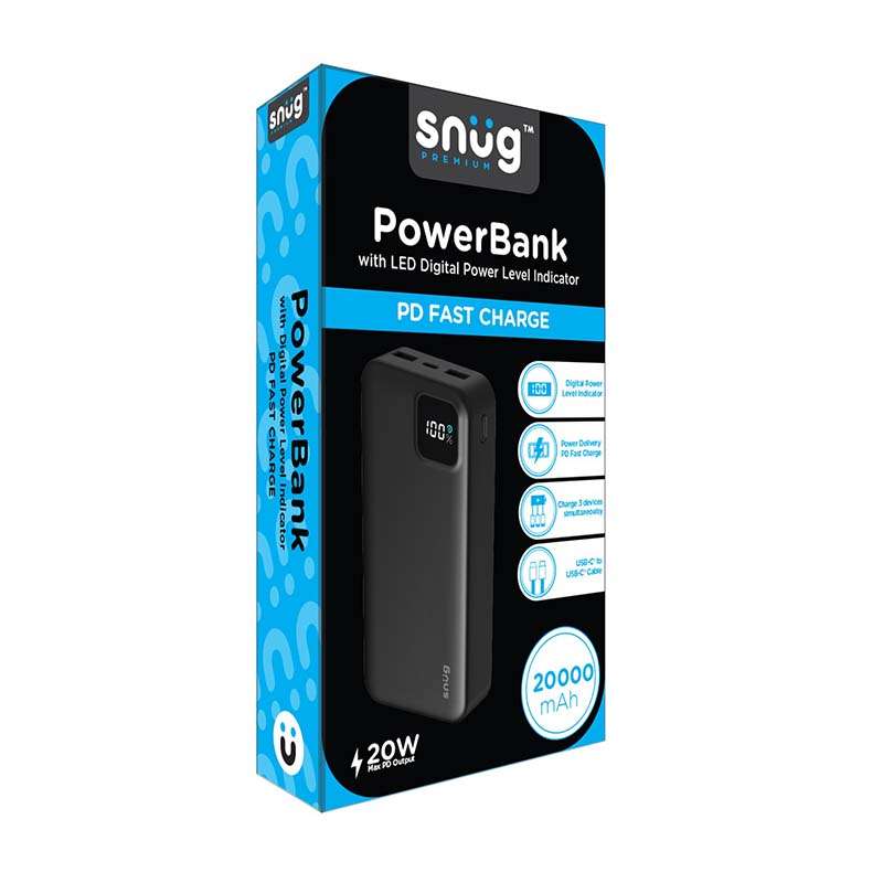 Snug 20000mAh Square Digital PD Powerbank - Black