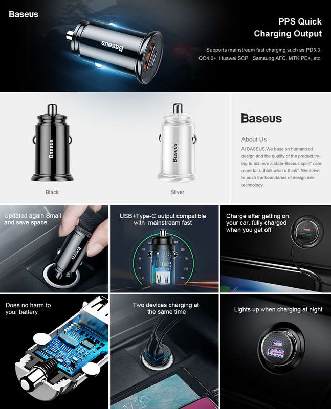 Baseus Circular Plastic Series 30W USB and Type C 30W PPS Car Charger Black