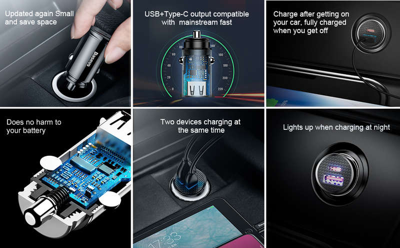 Baseus Circular Plastic Series 30W USB and Type C 30W PPS Car Charger Black