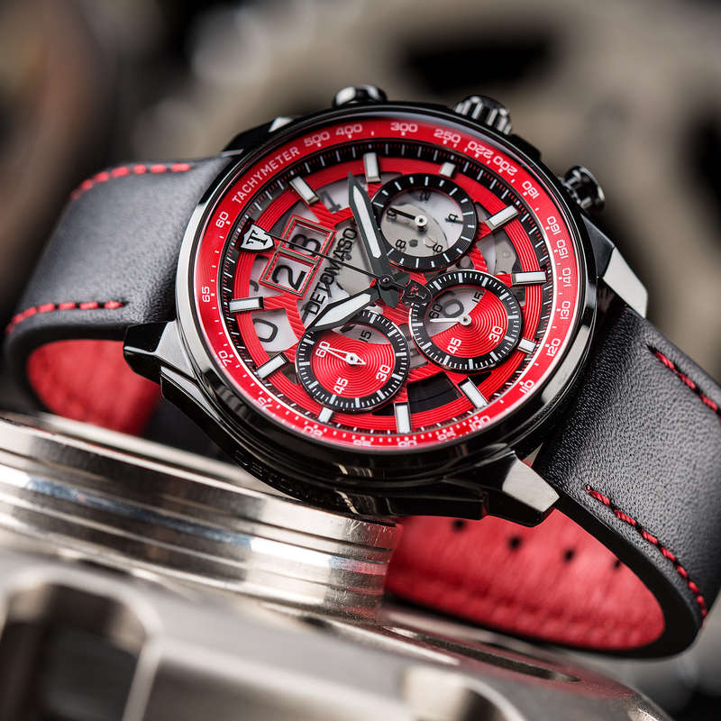 Retail: R6,399.00 DETOMASO Men's  LIVELLO Custom Black/Red Trim Chronograph Watch BRAND NEW IN BOX