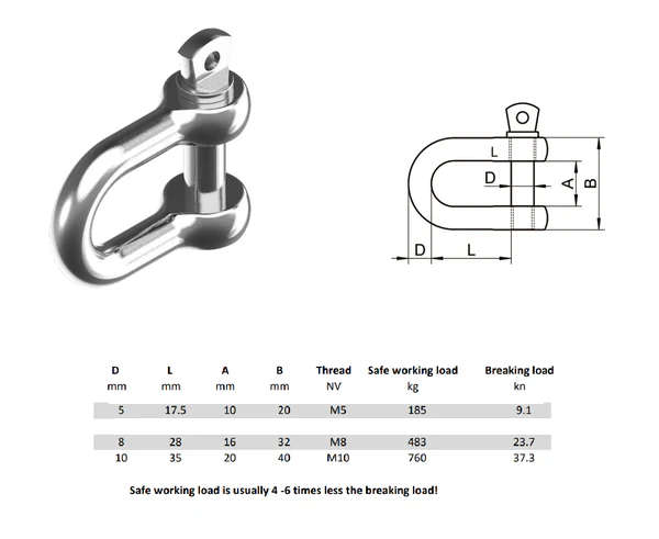 DEE Shackle 316 Stainless steel 5mm, 8mm or 10mm