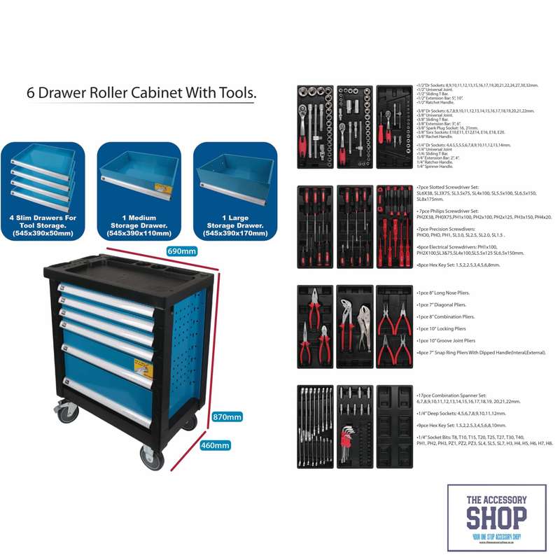 Tool Kit in 6-Drawer, 4-Wheel Trolley 174-Piece