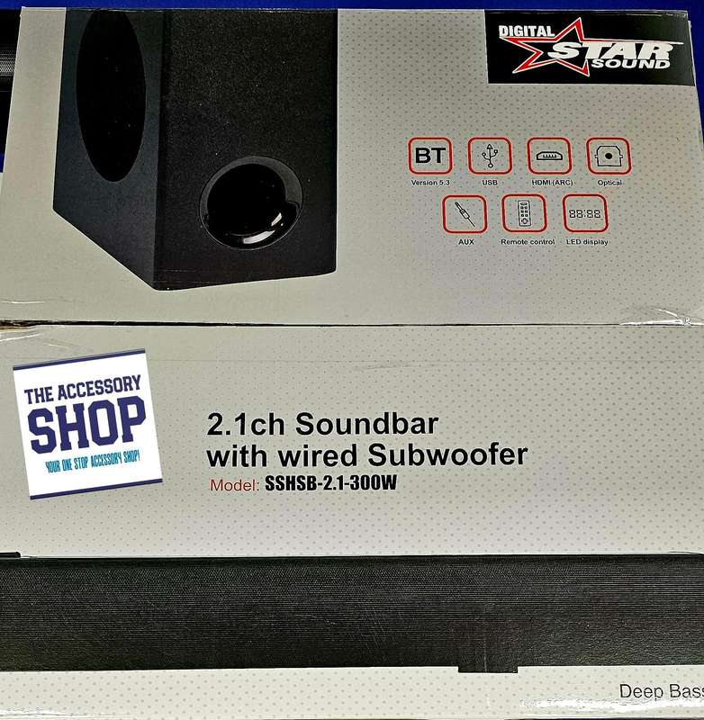 Sound Bar 2.1 with wired Subwoofer, Bluetooth, HDMI, USB, Optical, AUX
