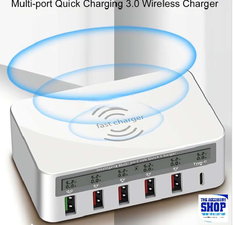 Wireless Charging + USB-C / Type-C + 4 USB Ports Charger with Smart LCD 220v- Lumeno