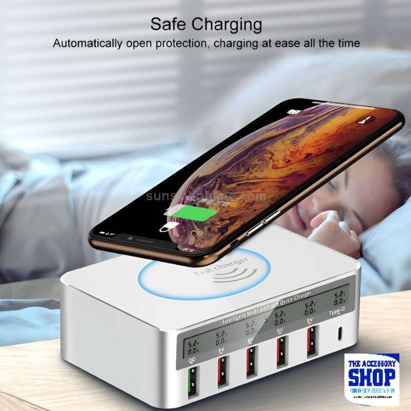 Wireless Charging + USB-C / Type-C + 4 USB Ports Charger with Smart LCD 220v- Lumeno