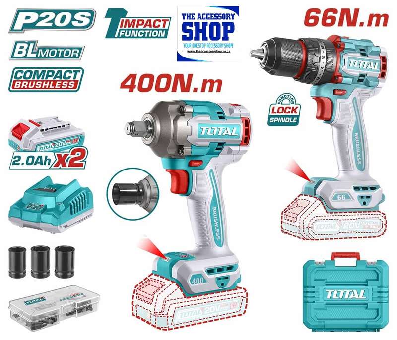 Cordless drill and Impact Wrench Combo Kit Lithium-Ion Total Tools TCKLI20275