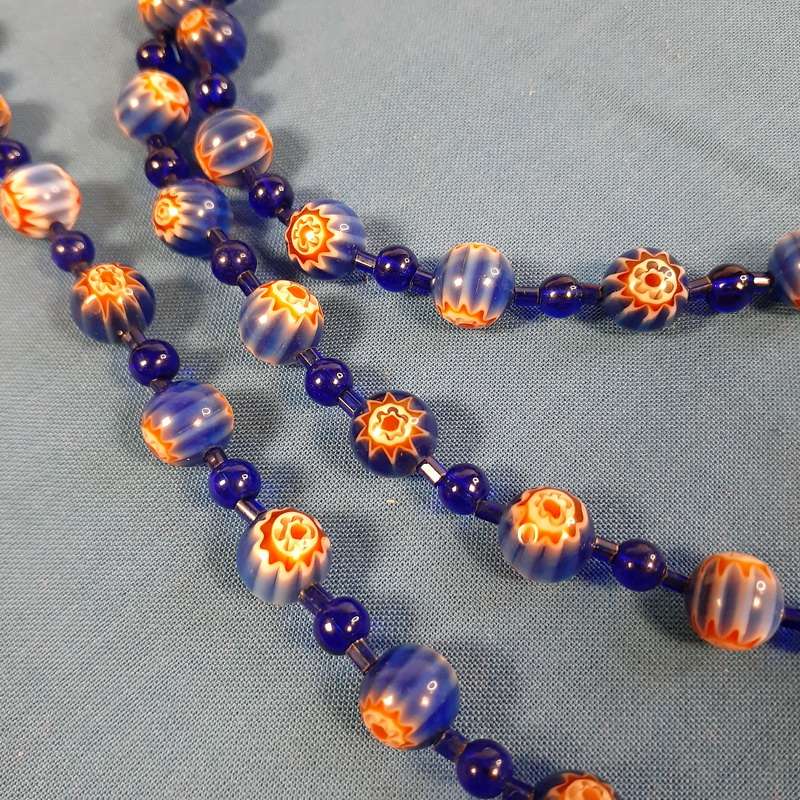 Glass necklace - cobalt blue and pale orange stars - Chevron beads african trade beads