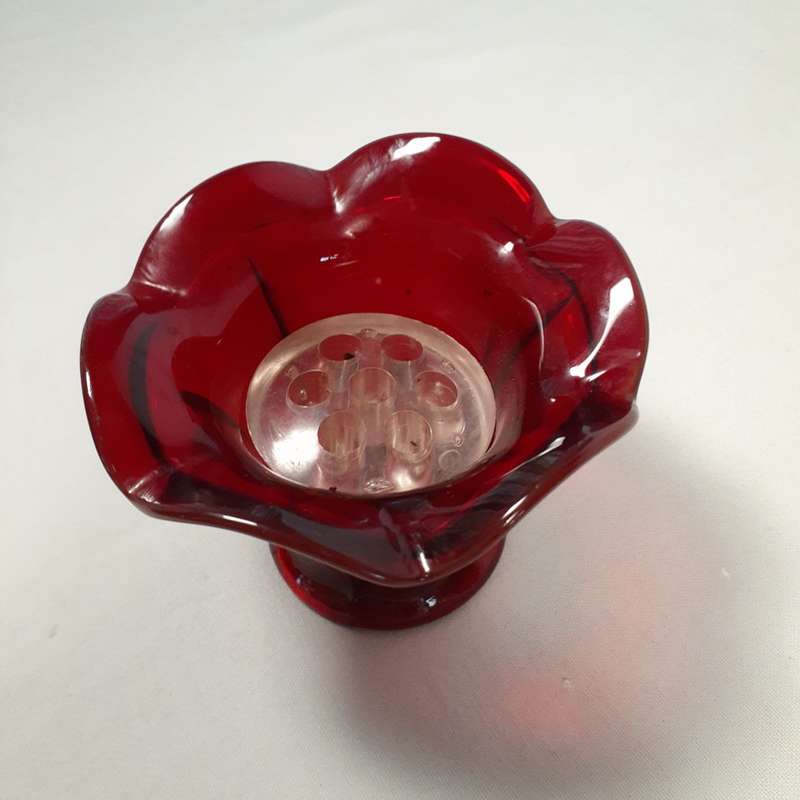 Red Glass vase with frog insert - 7.5 cms