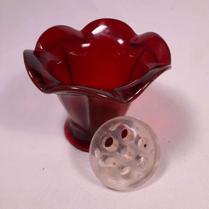 Red Glass vase with frog insert - 7.5 cms