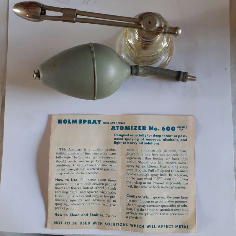 Vintage Medical nasal spray atomizer - USA Holmspray with instructions