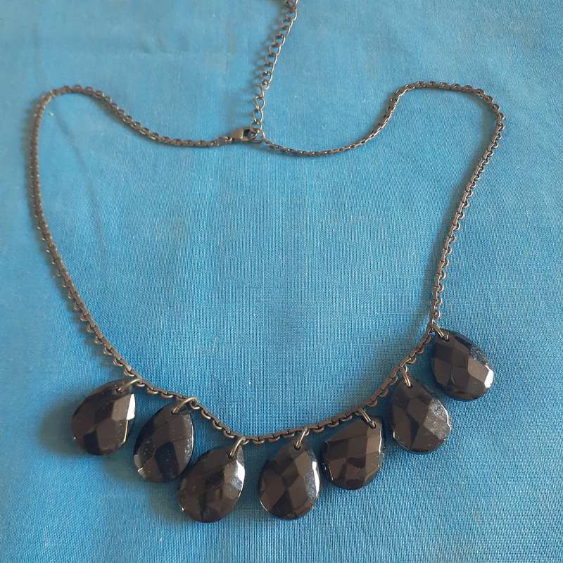 vintage necklace black glass faceted beads - Bohemian - unusual shaped chain