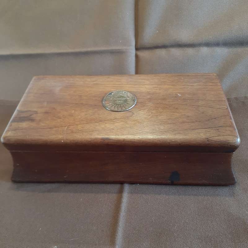Swedish wooden box with vintage electrolux badge jewelry box card box