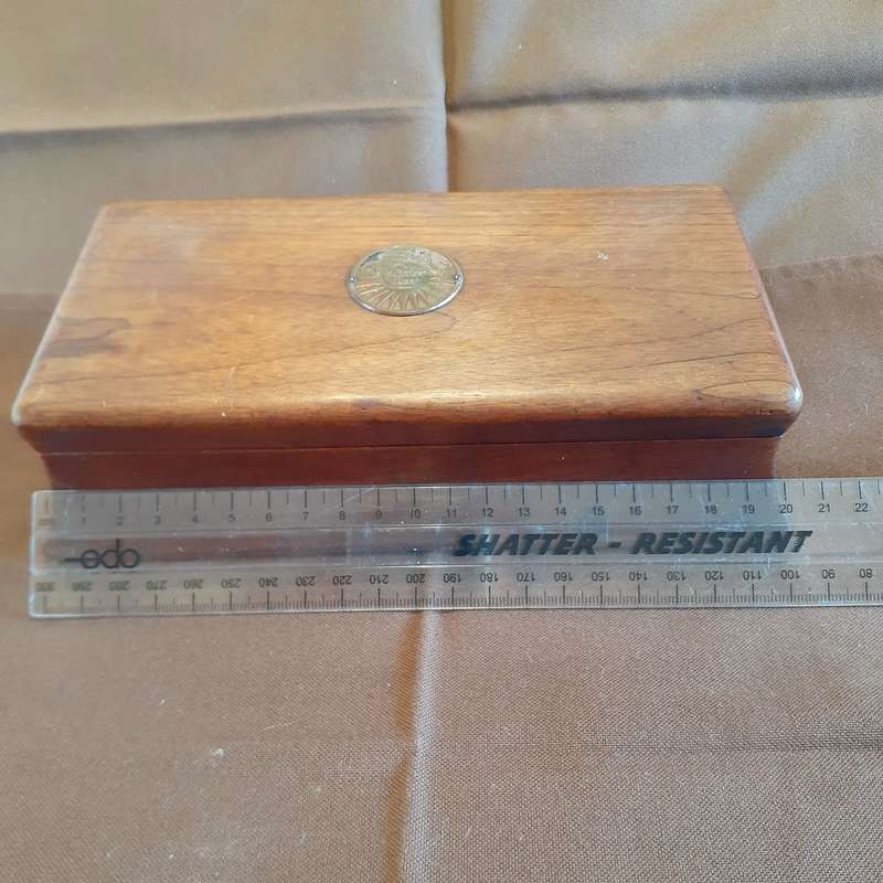 Swedish wooden box with vintage electrolux badge jewelry box card box