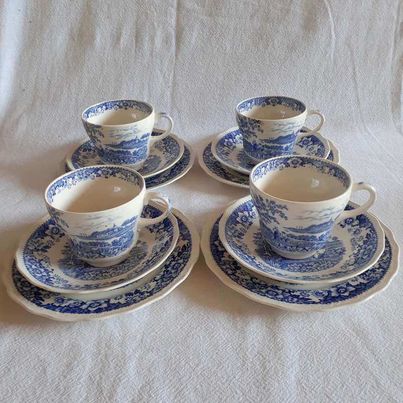 Swinertons Staffordshire 4 tea trios blue and white "Silverdale"