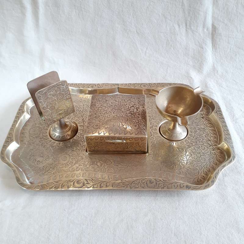 Smoking set - brass tray, ashtray, match holder and box - Indian mid centuary