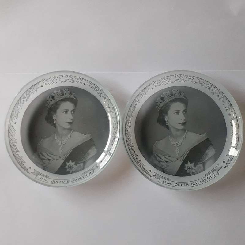 QE11 memorabilia Glass pin dishs - Two Transparent
